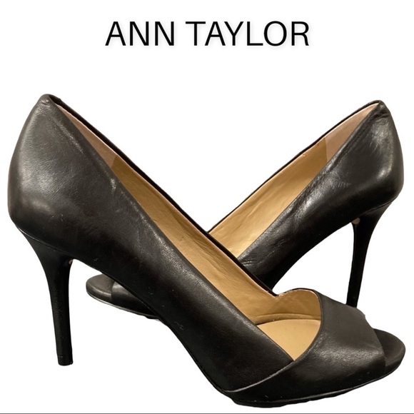Ann Taylor sz 6 black leather peeptoe heels - Picture 1 of 16